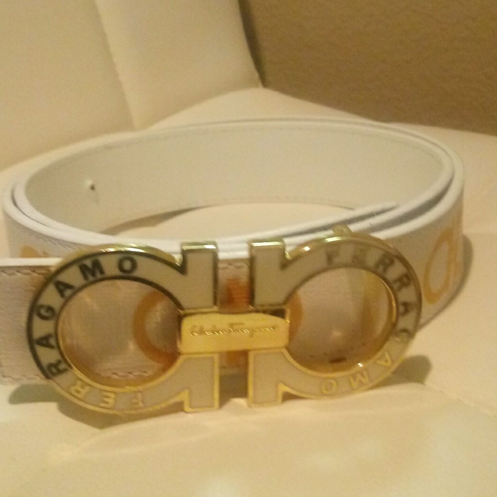 (Used) Ferragamo gold & white belt & big buckle